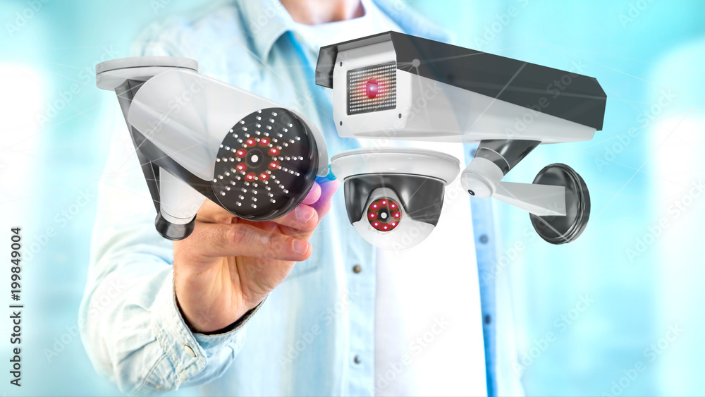 Poster businessman holding a security camera system and network connection - 3d rendering
