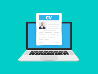 CV resume. Job interview concept. Writing a resume. Laptop with personal resume. Flat cartoon design, vector illustration on background.