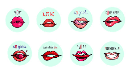 Lips with phrases collection set, sensual hand drawn vector illustration for print sticker patch badges isolated on white background