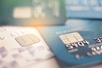 Selective focus microchip on Credit card or Debit card for background.