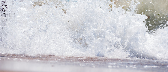 The panorama  of big wave on the sea  with a lot of foam. fake color. Copy space. Concept of travel. Instagram warm filter.