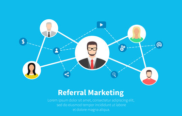Referral marketing, network marketing, business partnership, referral program strategy. Flat cartoon design, vector illustration on background.