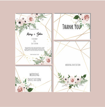 Wedding Set With Invitations. Vector Set Of Vintage Floral Wedding Invitation Templates