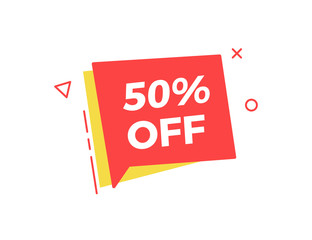 Funky box bubble geometric shape with sale discount. Vector illustration design for business, sales and commerce. Vivid red and yellow colors