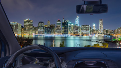 Fototapeta na wymiar Car windshield with view of Manhattan skyline, New York, USA