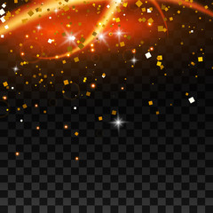 Light effect with glowing gold wavy lines and sparkles isolated on transparent special effec. Vector illustration