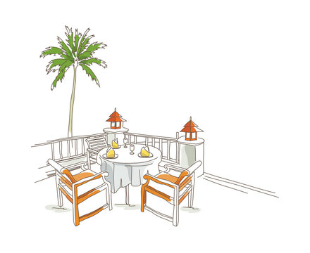 terrace dining scene with orange chairs clip art preview