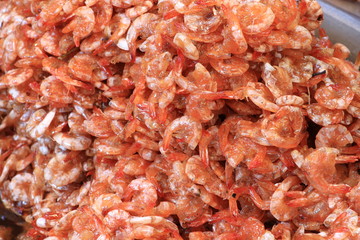 Close up the dried orange shrimps