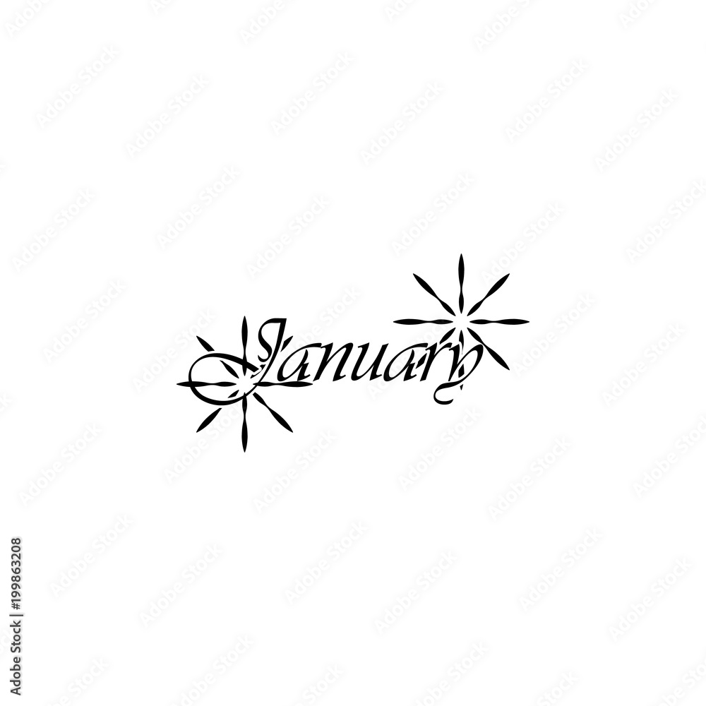 Poster january icon. written name of the month with different elements relating to the month icon. premium 