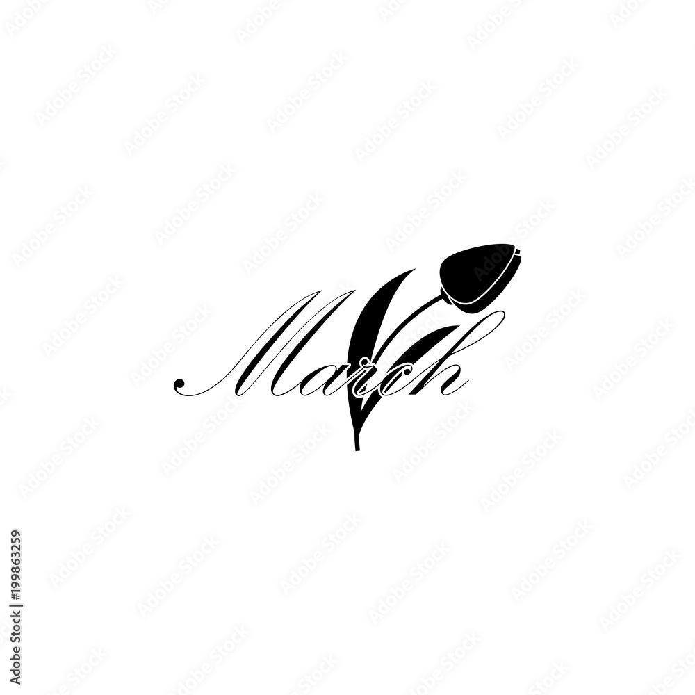Poster march icon. written name of the month with different elements relating to the month icon. premium qu