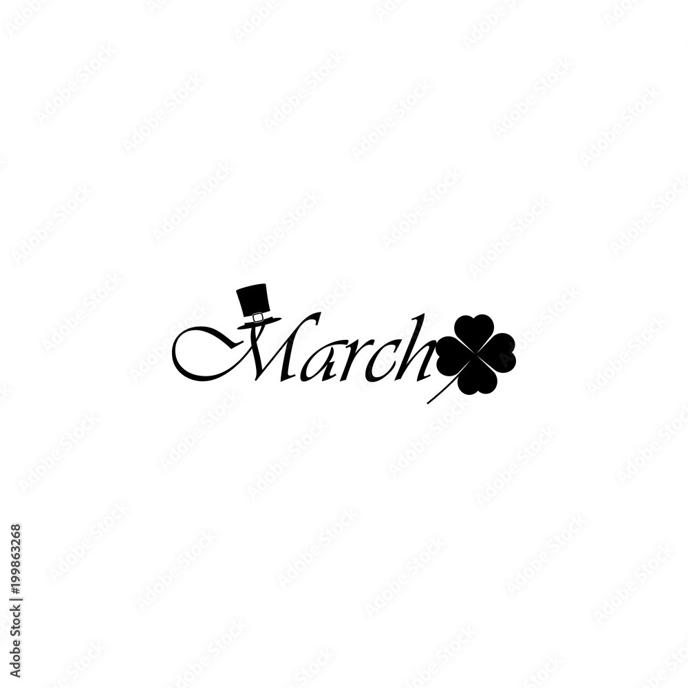 Poster march icon. written name of the month with different elements relating to the month icon. premium qu