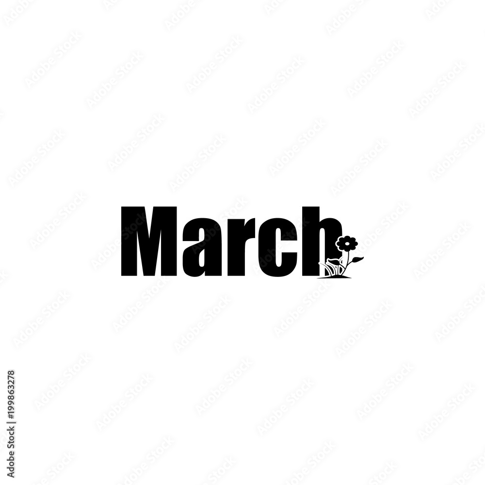 Poster march icon. written name of the month with different elements relating to the month icon. premium qu