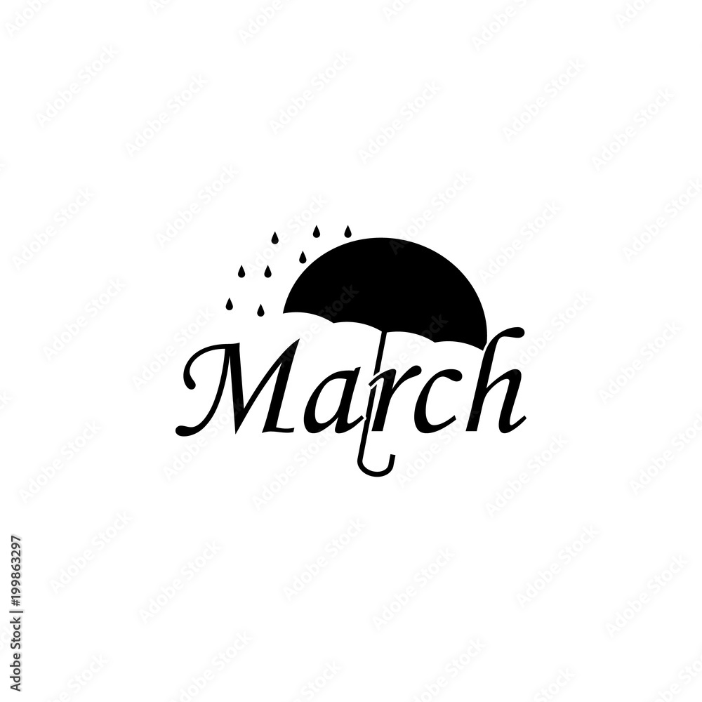 Poster march icon. written name of the month with different elements relating to the month icon. premium qu