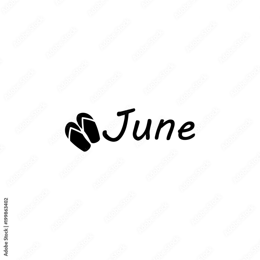 Poster june icon. written name of the month with different elements relating to the month icon. premium qua