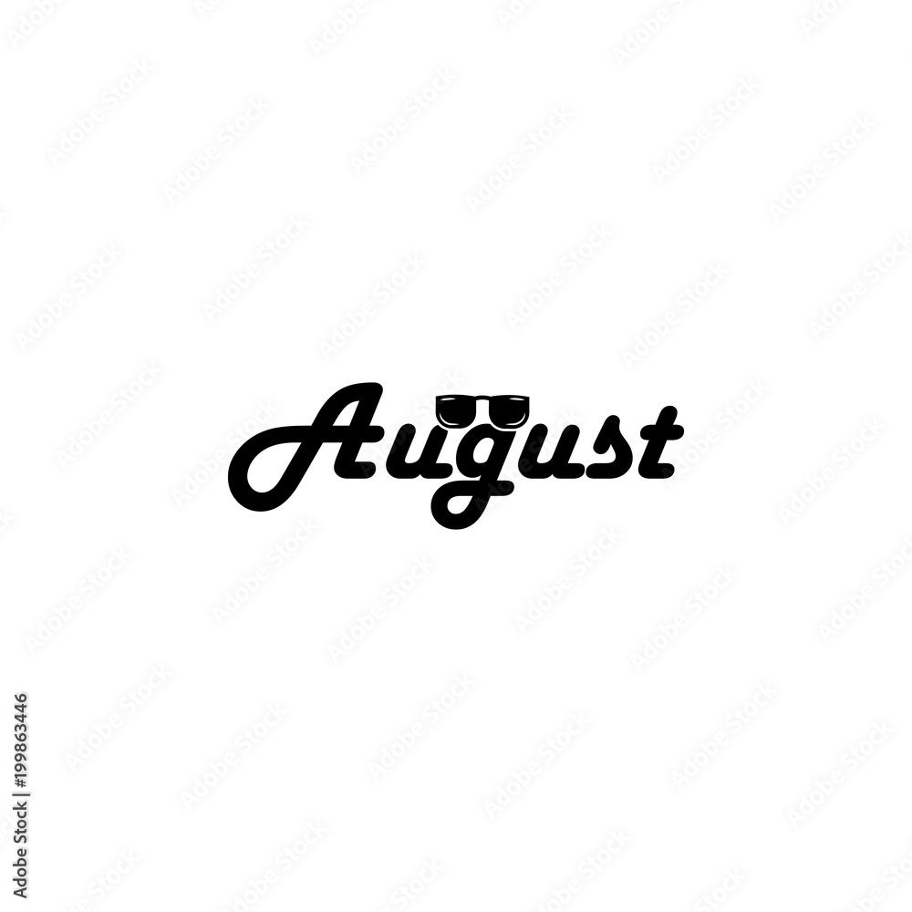 Poster august icon. written name of the month with different elements relating to the month icon. premium q