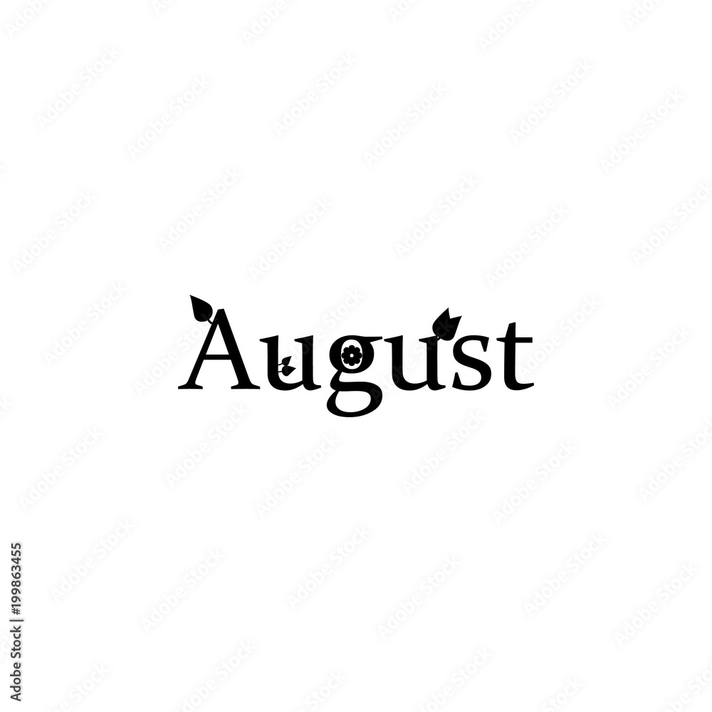 Poster august icon. written name of the month with different elements relating to the month icon. premium q