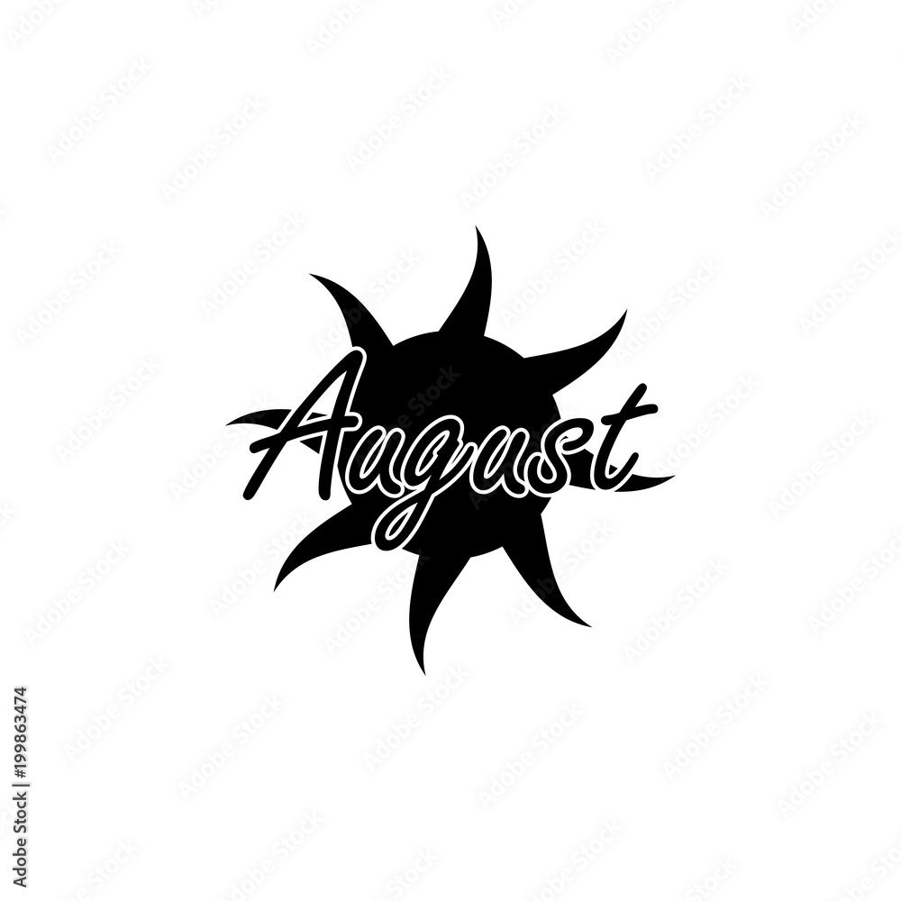 Poster august icon. written name of the month with different elements relating to the month icon. premium q