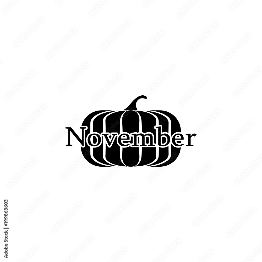 Poster november icon. written name of the month with different elements relating to the month icon. premium