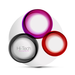Circle web layout - digital techno spheres - web banner, button or icon with text. Glossy swirl color abstract circle design, hi-tech futuristic symbol with color rings and grey metallic element