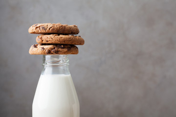 Bottle with milk and chocolate chip cookies on dark background with copy space