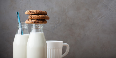Two bottles of milk and chocolate chip cookies on dark background with copy space