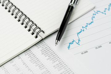 Business performance review, budget, economics or investment concept, pen on note book with graph and chart, price numbers report print paper on table