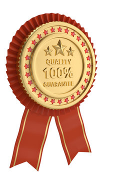 Red ribbon quality award isolated on white background. 3D illustration.