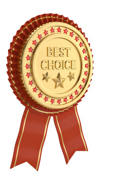 Red ribbon best choice award isolated on white background. 3D illustration.