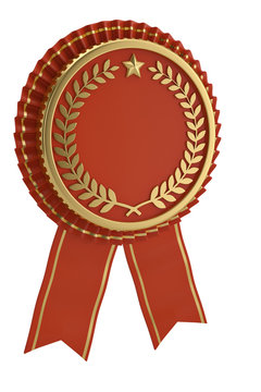 Red ribbon award isolated on white background. 3D illustration.