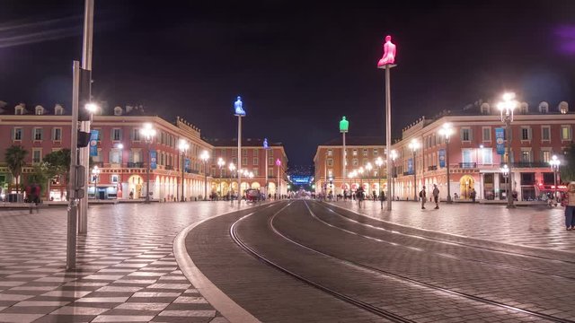 Night timelapse of Place Massena in Nice