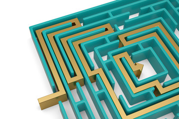 Maze and solution on white background. 3D illustration.