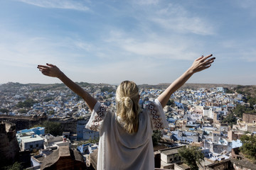 Western woman exploring the blue city, Jodhpur India
