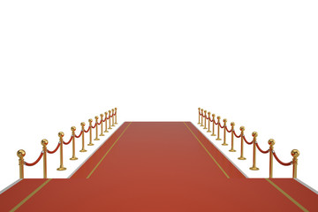 Red carpet and barrier rope on white background. 3D illustration.
