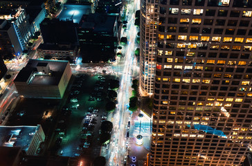 Aerial view of an intersection in Downtown Los Angeles, CA