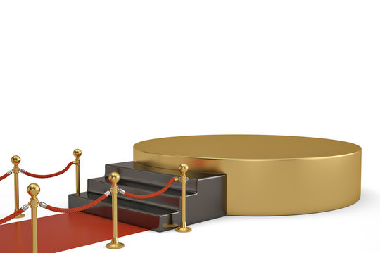 Golden round podium with red carpet and barrier rope on white background. 3D illustration.