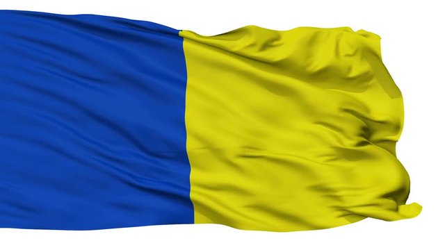 Triesenberg flag, city of Liechtenstein, realistic animation isolated on white seamless loop - 10 seconds long (alpha channel is included)