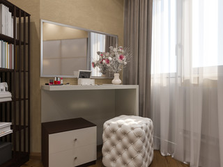 3D render of interior design of a bedroom in beige color