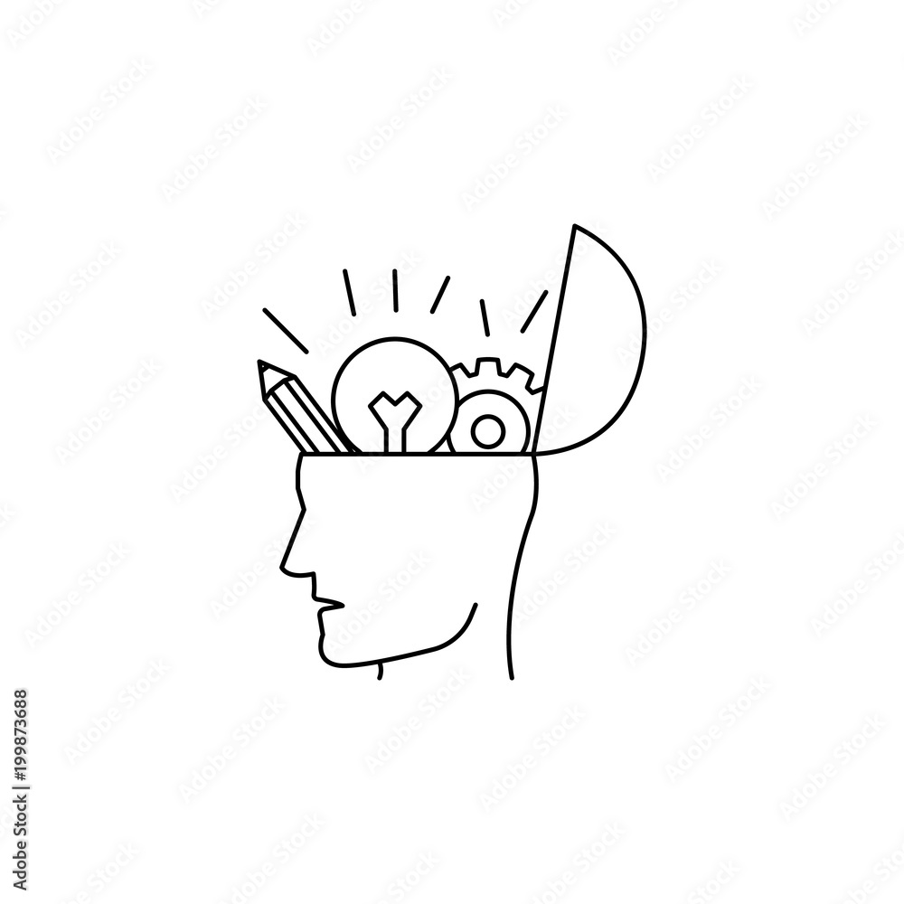 Poster head with pencils with a light bulb and gears icon. element of idea and solutions for mobile concept
