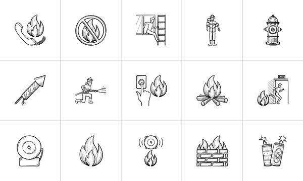 Fire hand drawn outline doodle icon set for print, web, mobile and infographics. Fire vector sketch illustration set isolated on white background.