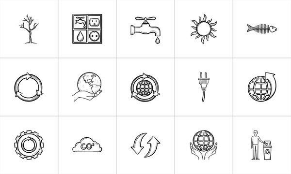 Ecology hand drawn outline doodle icon set for print, web, mobile and infographics. Ecology vector sketch illustration set isolated on white background.