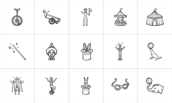 Circus sketch icon set for web, mobile and infographics. Hand drawn Circus vector icon set isolated on white background.