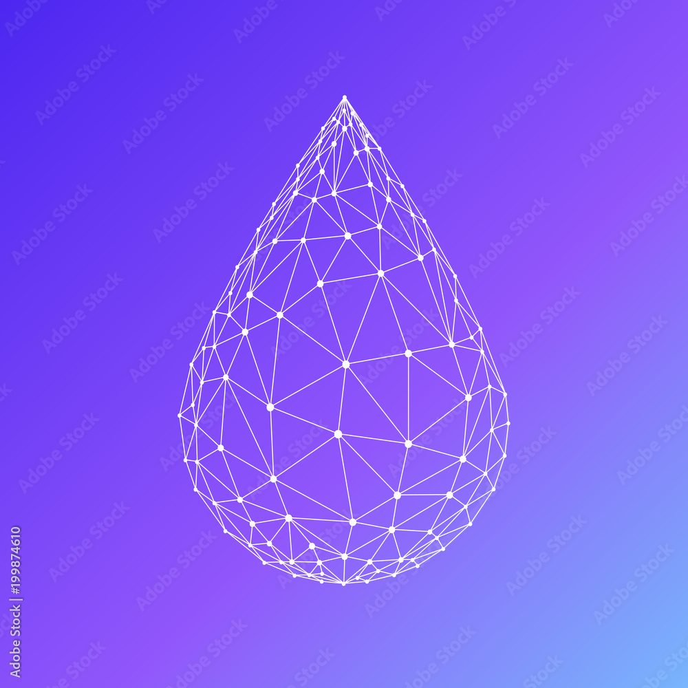 Poster water drop or oil drop icon made with blockchain technology network polygon isolated on violet backg