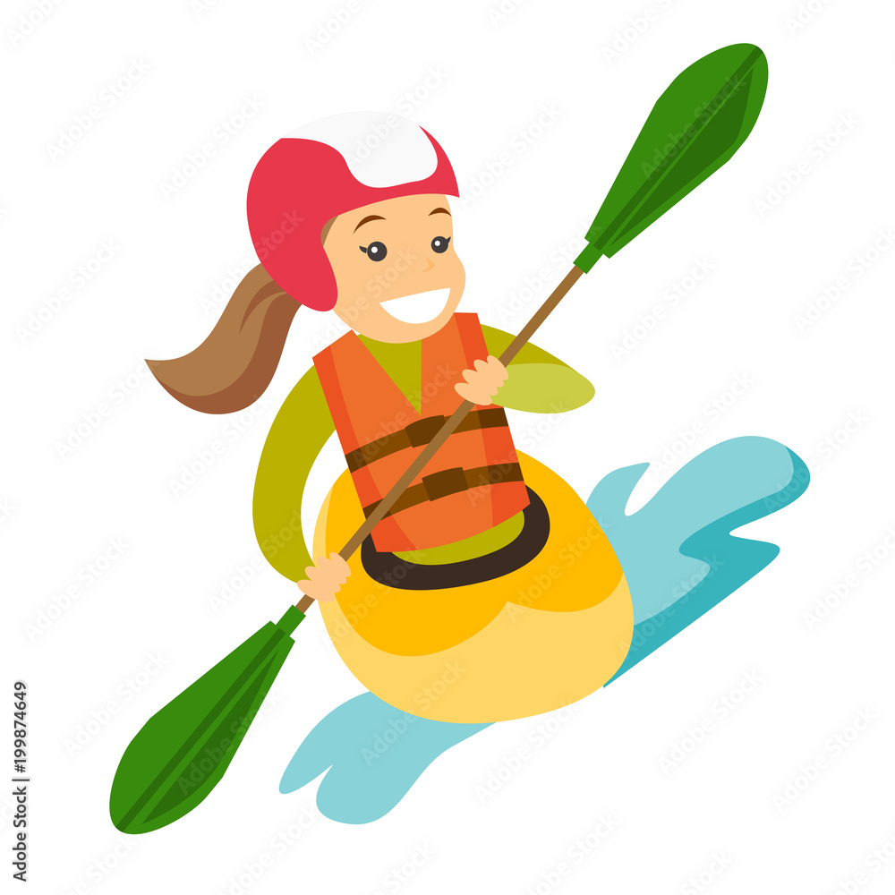 Sticker caucasian white sportswoman in helmet and life jacket riding a kayak on river. woman rowing with a p