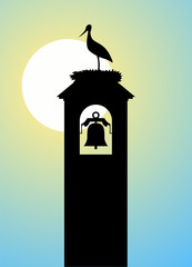 stork in tower bell illustration