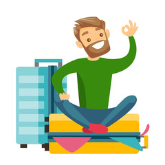 Young caucasian white man sitting on a suitcase full of clothes and trying to close it. Happy man packing a lot of clothes into a single suitcase and showing ok sign. Vector cartoon illustration.