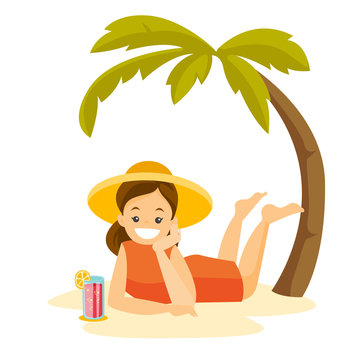 Young happy caucasian white woman in summer hat relaxing with a cocktail on the beach under the palm trees. Woman lying and sunbathing on tropical beach. Vector cartoon illustration. Square layout.