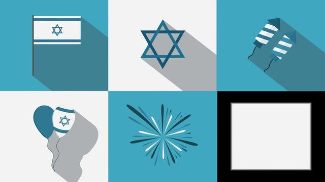 Israel Independence Day holiday flat design animation icon set with traditional symbols and text in hebrew