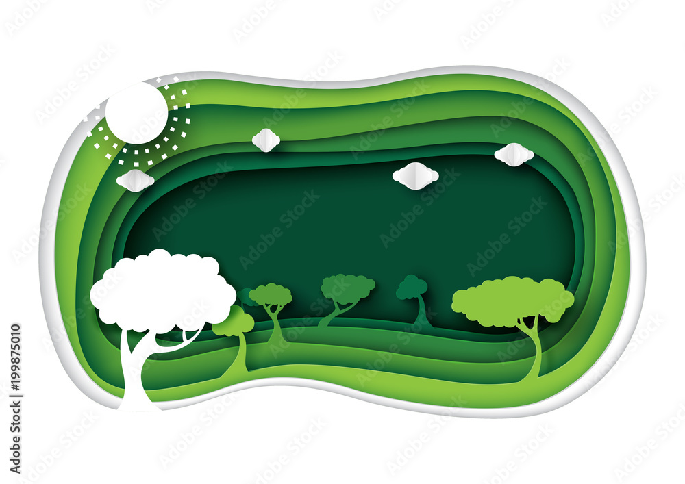 Aufkleber green tree and forest with origami paper layer cut abstract nature background.ecology and environmen