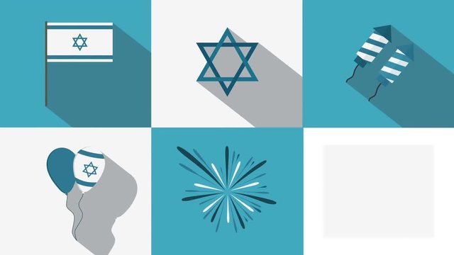 Israel Independence Day holiday flat design animation icon set with traditional symbols and text in english
