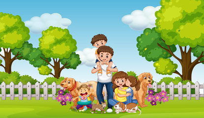 Obraz na płótnie Canvas Happy family and pets in the park